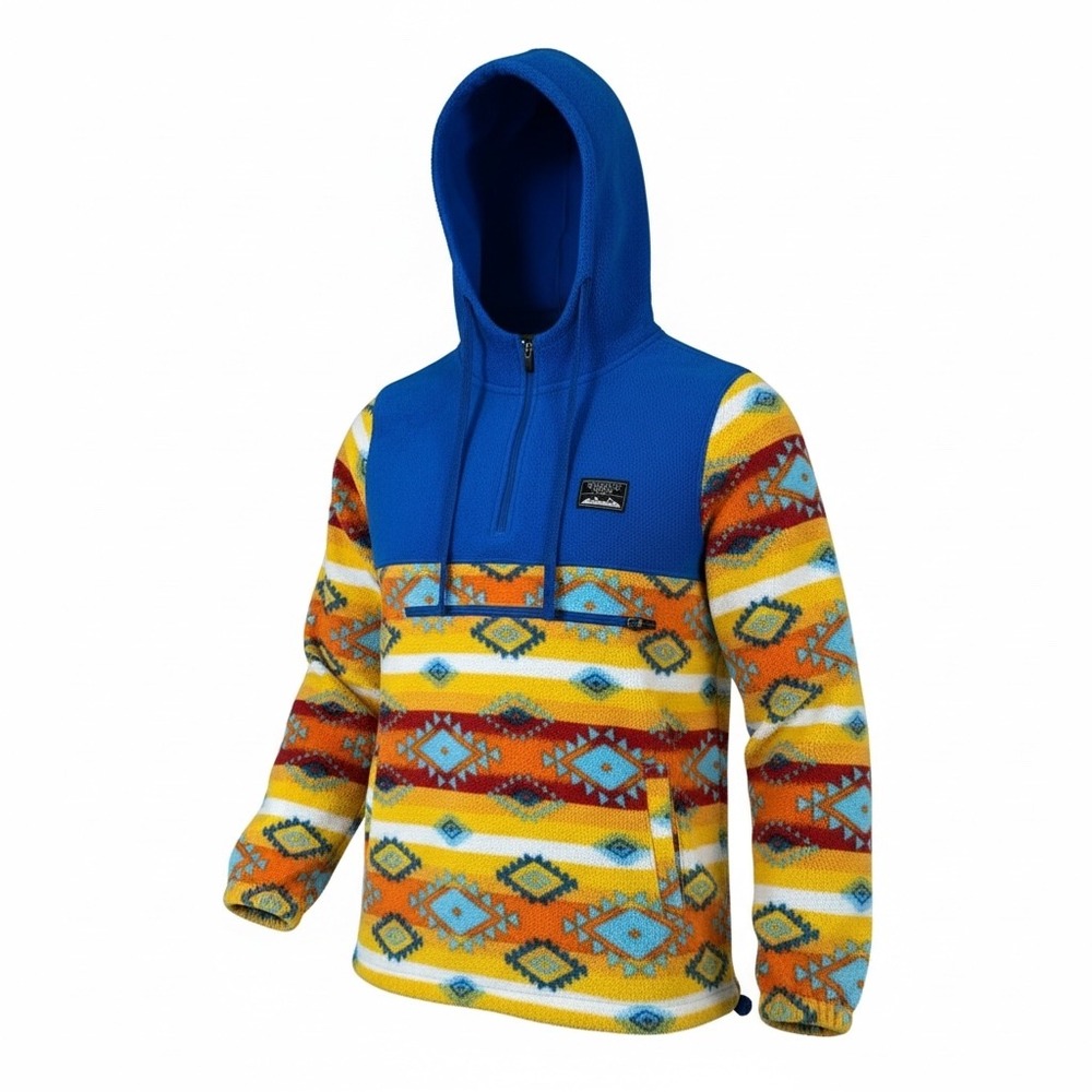 Massive Outdoor Mens Small Quarter Zip Fleece Hoodie Southwestern‎ Blue Yellow